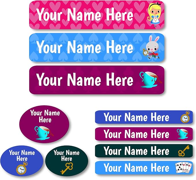 Lovable Labels Personalized Labels for Kids (85 Labels/Pack) - 3 Label Sizes Waterproof Dishwasher Safe Peel & Stick Labels for School Supplies Daycare Camp Clothing Bottles (Down the Rabbit Hole)