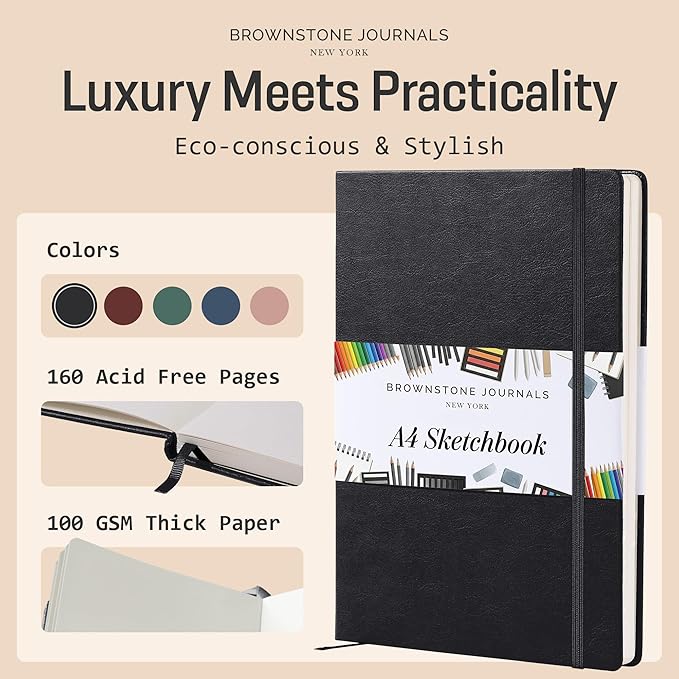 BROWNSTONE JOURNALS A4 Sketch Book Hardcover - 80 Sheets 100 GSM Paper 8.5"x11.5", Lay Flat, Vegan Leather Cover, Elastic Band, Back Pocket, Art Drawing Book (Charcoal Black)