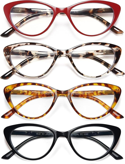 EYEURL 4-Pack Cat Eye Reading Glasses for Women Blue Light Blocking Fashion Computer Glasses Anti-Glare Cat Eye Readers For Women,2.0