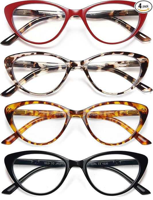 EYEURL 4-Pack Cat Eye Reading Glasses for Women Blue Light Blocking Fashion Computer Glasses Anti-Glare Cat Eye Readers For Women,3.5