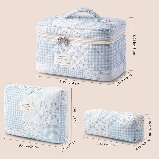 HBselect Quilted Makeup Bag, 3Pcs Cotton Large Travel Makeup Bags Organizer | Cute Floral Make up Bag Cosmetic Bag Toiletry Bag for Women Girls, Makeup Pouch for Skincare, Brushes & Travel Essentials