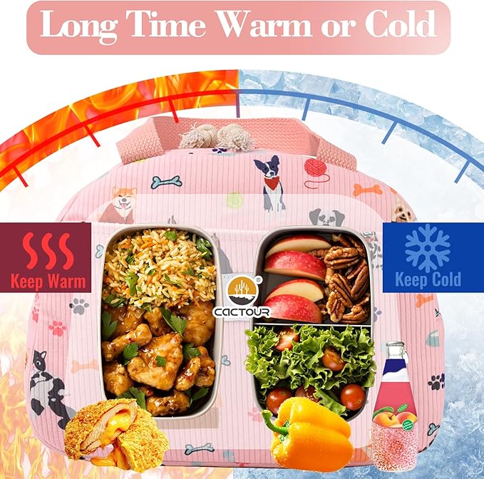 CaCTOUR Lunch Box for Women Girls Teens,Cute Lunch Box Cooler Bag, Portable Insulated Small Lunch Bag Women Reusable Corduroy Lunch Tote for Work/Travel/Picnic/School (Dog Pink,Small)