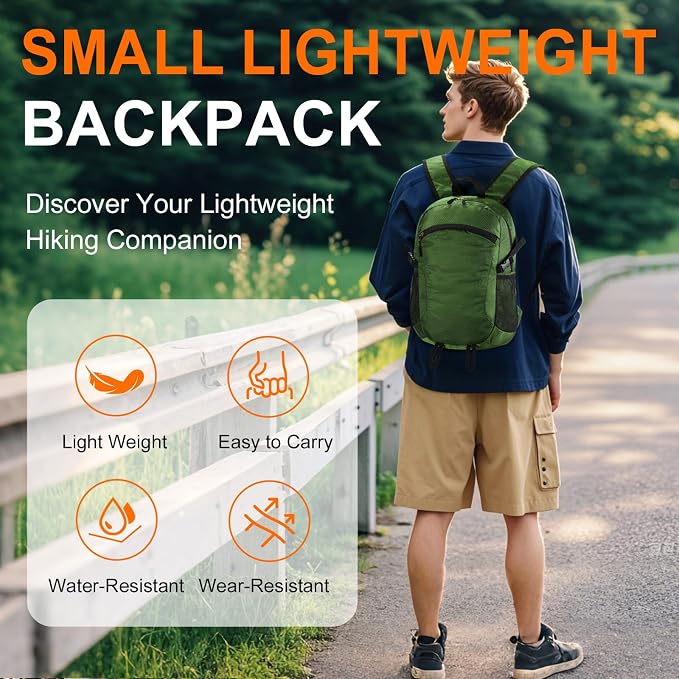 Small Hiking Backpack Travel Lightweight Hiking Packable Daypack Water-Resistant Foldable Backpacks 15L for Travel Women Men Camping (Deep Green)