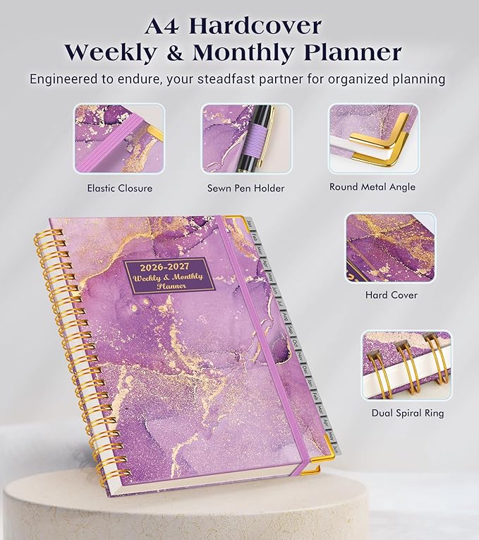 Planner 2026-2027, 18 Months Weekly and Monthly Hardcover Planner, January 2026 - June 2027, 8.5" x 11" A4 Large Daily Calendar Planner Book with Tabs, Spiral Yearly Agenda Organizer Notebook for School Work Home, Purple Marble