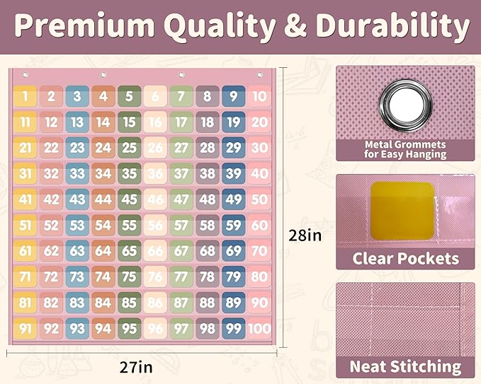 Yoink 100 Pockets Number Chart with 120 Double-Sided Number Cards, Boho Hundred Pocket Chart for Classroom Homeschool Teachers Kids Learning, Pink