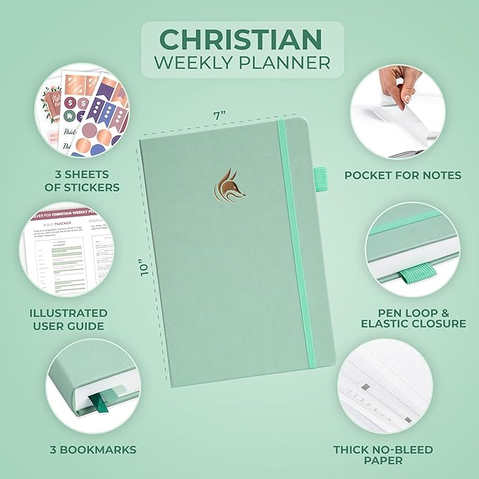 Clever Fox Christian Hourly Weekly Planner – Goal Setting Planner with Time Slots, Monthly Budget, Sermon Notes, Bible Reading Tracker (Mint Cream)