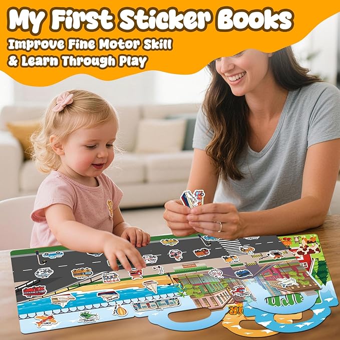 3 Sets Reusable Sticker Book for Kids, Jelly Sticker Books for Toddlers 2-4 Years, Airplane Train Car Travel Essentials Toys for Kids
