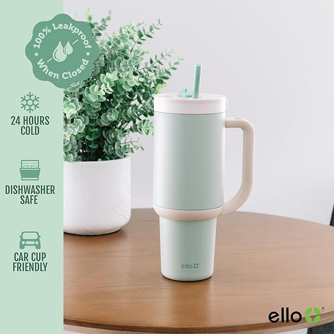 Ello Oasis 30 oz Tumbler with Handle & Retracting Straw | Reusable Insulated Stainless Steel Cup 100% Leakproof, Gifts for Teens Women Men | Keeps cold for 24 Hours, Cup Holder Friendly, Pistachio