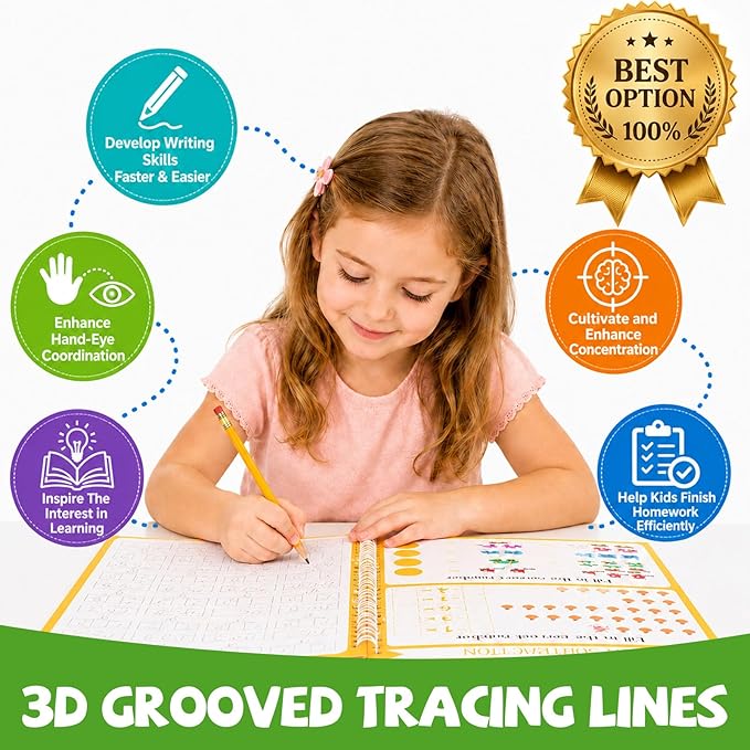 Magic Grooved Writing Practice Books for Kids 3-10, Large Reusable Handwriting Workbooks with Disappearing Ink, 3D Tracing Book Toy Gifts for Kindergarten Summer Workbook Preschool Learning Activities