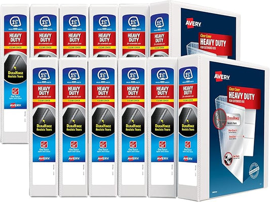 Avery Heavy-Duty View 3 Ring Binders, 1.5" One Touch EZD Rings, 12 White Binders (79195)