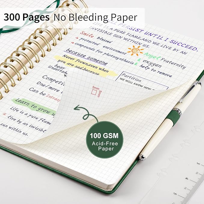 EMSHOI Spiral Graph Notebook, 300 Pages, A5 Small 5.7"x8.22", 100 GSM Thick Paper, PU Leather Hardcover, 5mm Grid Journal for Work School Math Engineering Writing Graphing, Dark Green