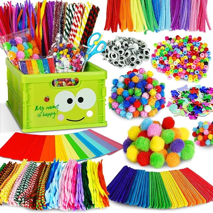 FUNZBO Arts and Crafts Supplies for Kids -Toddler Craft Kits with Glue Stick Pipe Cleaners Popsicle Stickers Construction Paper Pom Poms & Googly Eyes, Birthday Gifts for Girls Age 4+
