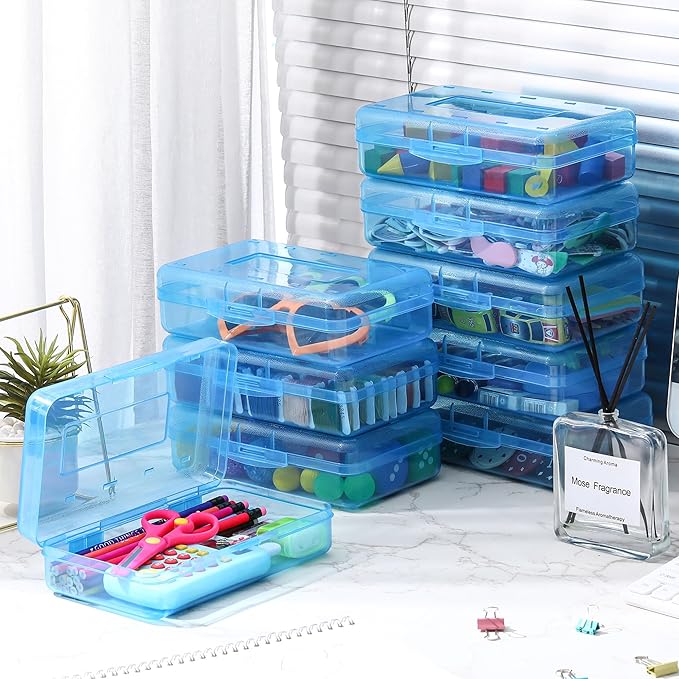 Leelosp 12 Pack Clear Pencil Boxes for School Bulk, Large Plastic Pencil Case with Lid, Stackable Hard Crayon Storage Box for Classroom Kids, Desk Drawer Organizer for Office Home(Blue)