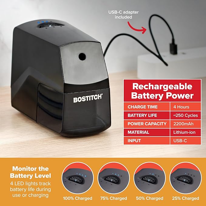 Bostitch Portable Rechargeable Battery Horizontal Pencil Sharpener Helical Blade for No.2/Colored Pencils, Black