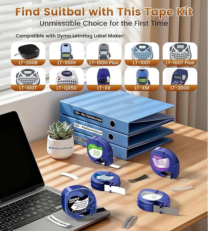 5-PK Colorful Label Maker Tape Replace for Dymo Letratag Refills Plastic White/Silver/Black/Clear & Paper White Compatible for Dymo Label Maker Refills for Letratag 100H 100T Plus 200B QX50 XR XM 2000