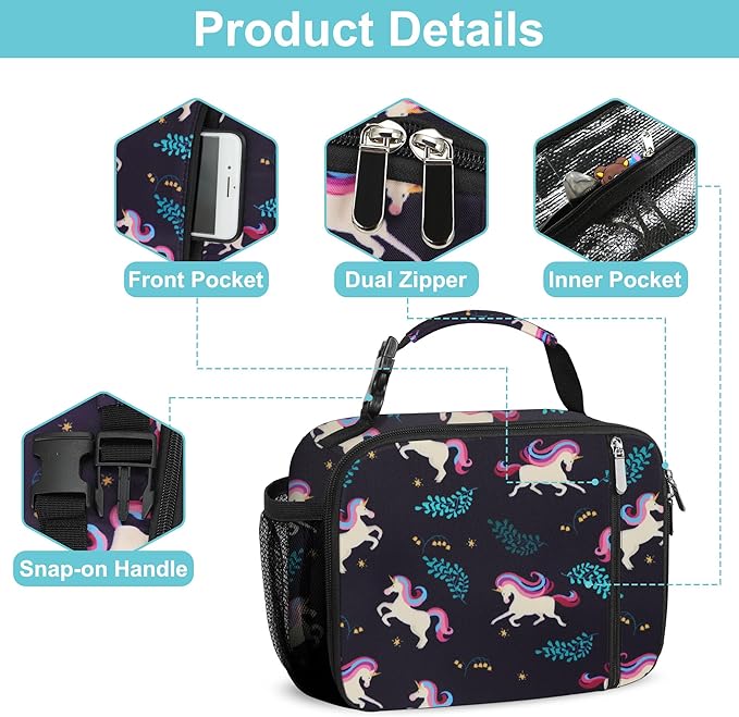 esouler Lunch Box Kids Insulated Lunch Bag for Boys & Girls Durable Children Lunchbox for School with Water Bottle Holder-Purple Unicorn