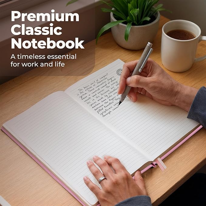 Classic Lined Journal Notebook 8.5x11" A4 Hardcover Leather - Pink - 200 Pages College Ruled Large with Sticky Tabs, Pockets, and Pen Loop for Writing and Journaling - Big Hardback Men and Women