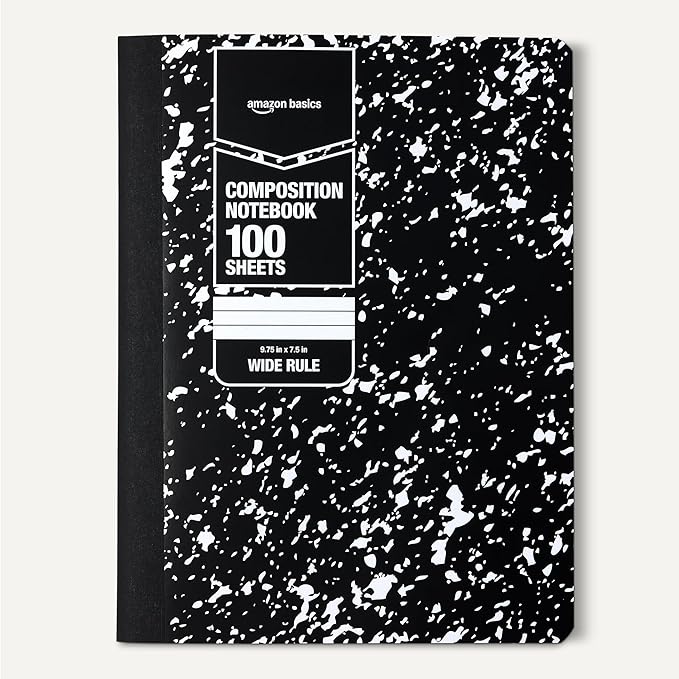 Amazon Basics Composition Notebook, Wide Ruled, 100 Sheets, 1 pack, Marble Black, 9.75" x 7.5" for School, Home, and Office Use