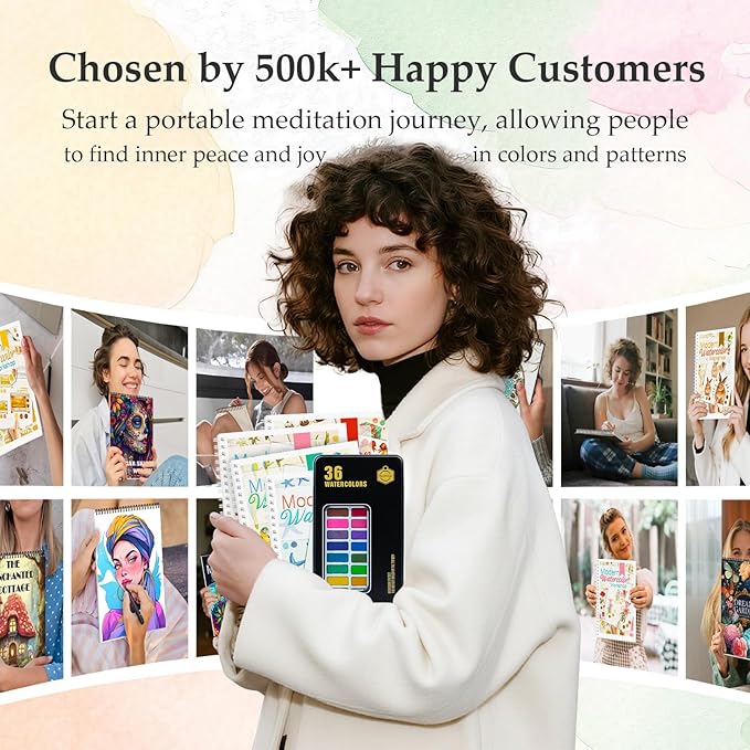 8Pcs Watercolor Workbooks with 2Pcs 36 Paint Colors, Water Coloring Book for Adults with 96 Patterns, Beginner-Friendly Step by Step Watercolor Workbooks for Beginners with 2Pcs 36 Paint Colors