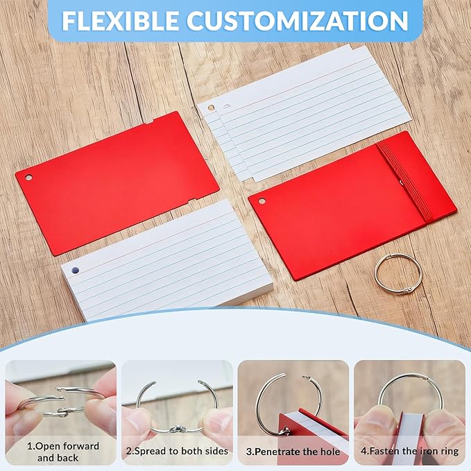 NEEWAY Ruled Index Cards with Ring 3x5 Inches, 200 Count Note Cards Lined, Flash Cards with Rings for Studying, Home and Office (Red)