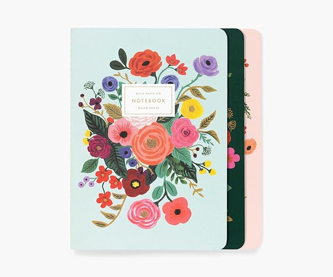 RIFLE PAPER CO. Garden Party Stitched Notebook Set, Set Of 3 Colorful Notebooks, 64 Ruled Pages With Gold Ink, Full Color Canvas Cover With White Text Paper Interior (6" W × 8.5" L)