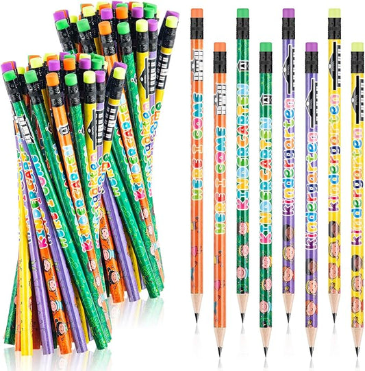 Spakon 100 Pcs Kindergarten Pencils for Kids Girls Cute Kindergarten Pencils Kindergarten Here I Come School Supplies for Classroom Reward Party Favor with Erasers