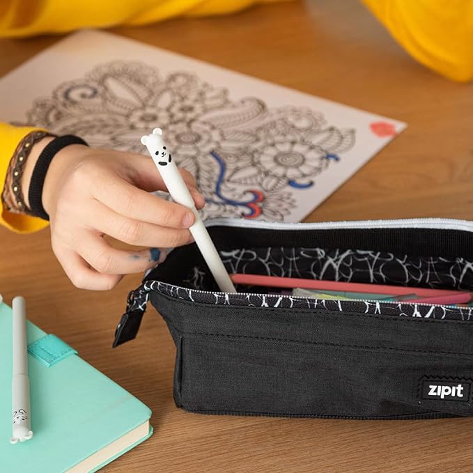 ZIPIT Lenny Pencil Case, Large Zipper Pouch for Girls and Boys, Black | Aesthetic pouch for school, machine washable, colorful lining, holds 55 pens & pencils, doubles as a makeup case for travel
