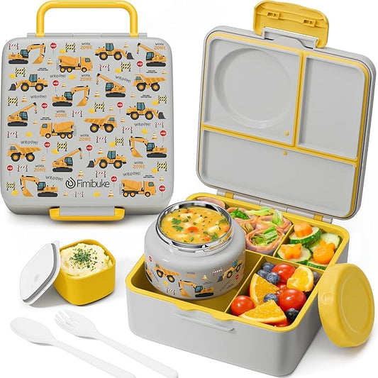 Fimibuke 60oz Leakproof Bento Lunch Box for Kids with 8.5oz Thermo Food Jar | 3-4 Compartment Toddler Lunch Box kids Food Container with Utensil Sauce Cup for School Boys Girls, Dishwasher Safe, BPA-Free