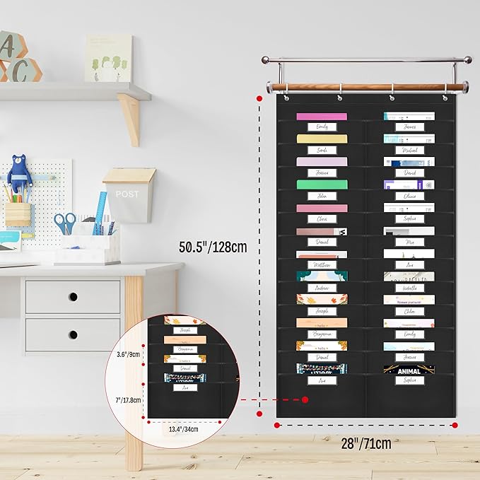 24 Pockets Heavy Duty Storage Chart, Hanging Wall File Organizer, Plus 4 Over Door Metal Hangers, 2 Markers & 24 Erasable Blank Cards, Organize Your Assignments, Files, Scrapbooks Papers (28” x 50.5”)