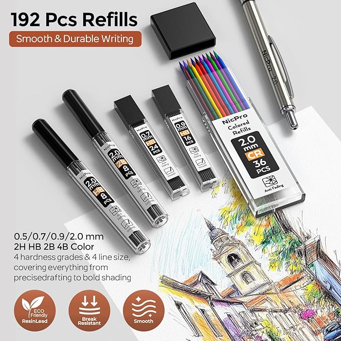 Nicpro 6PCS Art Mechanical Pencil Set, 3PCS Metal Drafting Pencil 0.5 mm & 0.7 mm & 0.9 mm & 3PCS 2mm Lead Pencil Holder (4B 2B HB 2H Colors) For Sketching Drawing With Lead Refills Erasers Case
