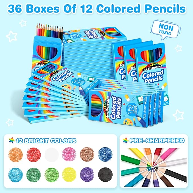 Jumlys 432 Count Colored Pencils Bulk for Kids, 36 Packs Pre-sharpened Coloring Pencils in 12 Colors, Bulk School Supplies for Teachers, Ideal Back to School Supplies & Classroom Prizes