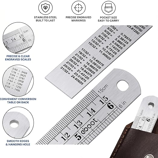 EBOOT Stainless 2 Pack Steel Ruler 6 Inch Metal Rule Kit with Conversion Table