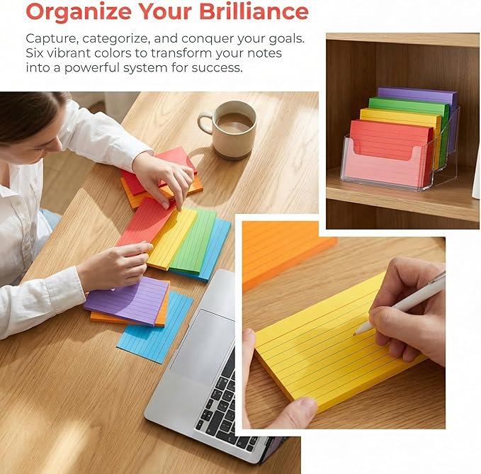 Colored Index Cards 3x5 Inches, 300 Count Neon Flash Cards with Ruled Lines, 6 Colors Portable Note Cards for School Study, College Office Home Organization, Durable To Do List Flashcards