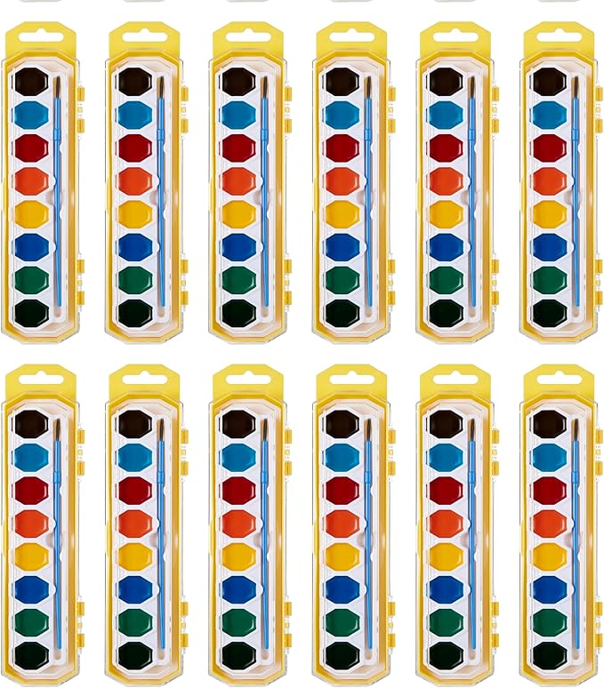 Cra-Z-Art Watercolor Paint Set with Brush Bulk Pack, 8 Colors (Pack of 12), 12 Total Paint Sets, Non-Toxic Washable Watercolors for Kids, Classroom Art Supplies & School