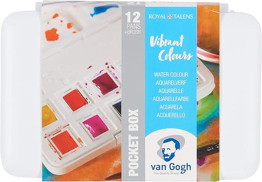 Van Gogh Watercolor Paint Set, Plastic Pocketbox, 12-Half Pan Vibrant Colors Selection