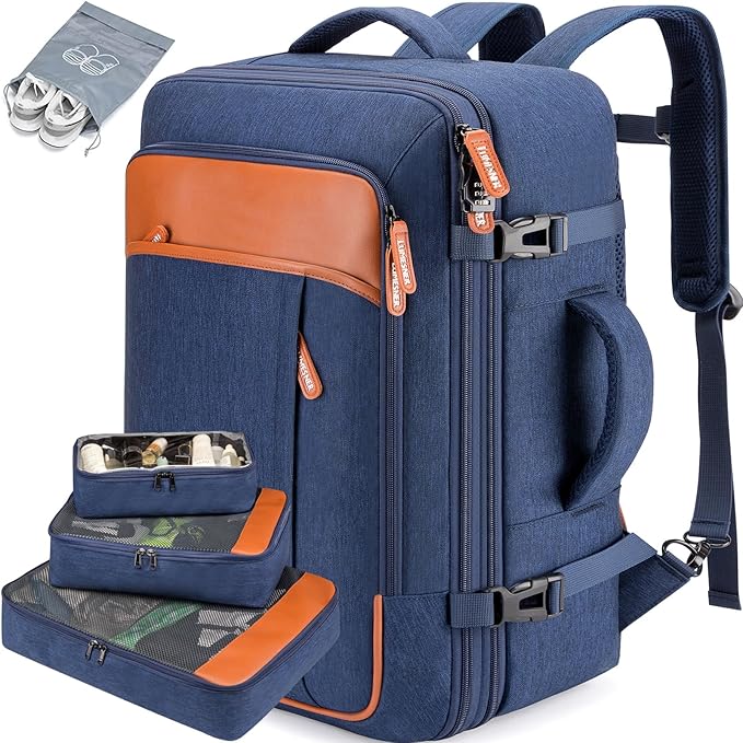 Lumesner Carry on Travel Backpacks, Extra Large 40L Flight Approved Bag for Men & Women,Expandable Suitcase Backpack With 4 Packing Cubes,Water Resistant Luggage Daypack Business Weekender Bag, Blue