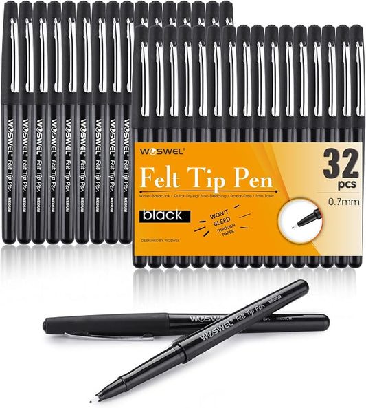 WOSWEL Black Felt Tip Pens, 32 Black 0.7mm Medium Point Felt Tip Markers Pen for Journaling, Note Taking, Planner, Writing,Drawing.Perfect for Art Office and School Supplies