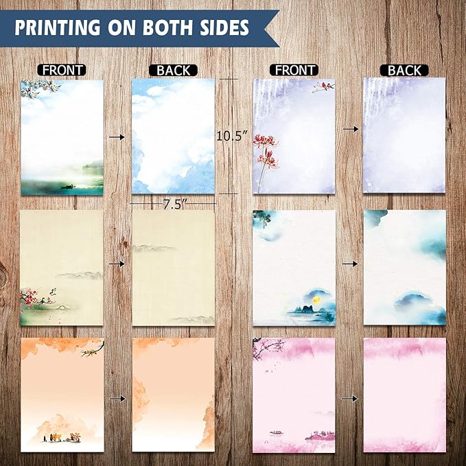Stationary Set Japanese Stationery Letter Writing Paper, 48 Pack Stationary paper and envelopes set Ink Painting Design - 48 Stationary papers + 24 Envelopes