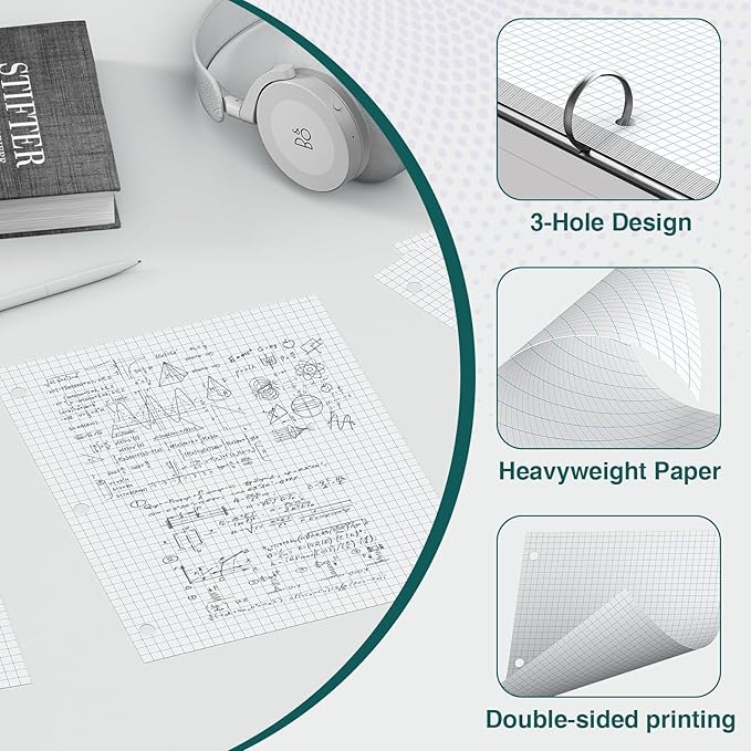 390 Sheets Quad Ruled Graph Paper, 3 Hole Punch Paper 8 x 10.5 White, Loose Leaf Graph Paper,Filler Paper 4 x 4 Graph Rule, Notebook Paper for 3 Ring Binder, Engineering Paper for School Home Business