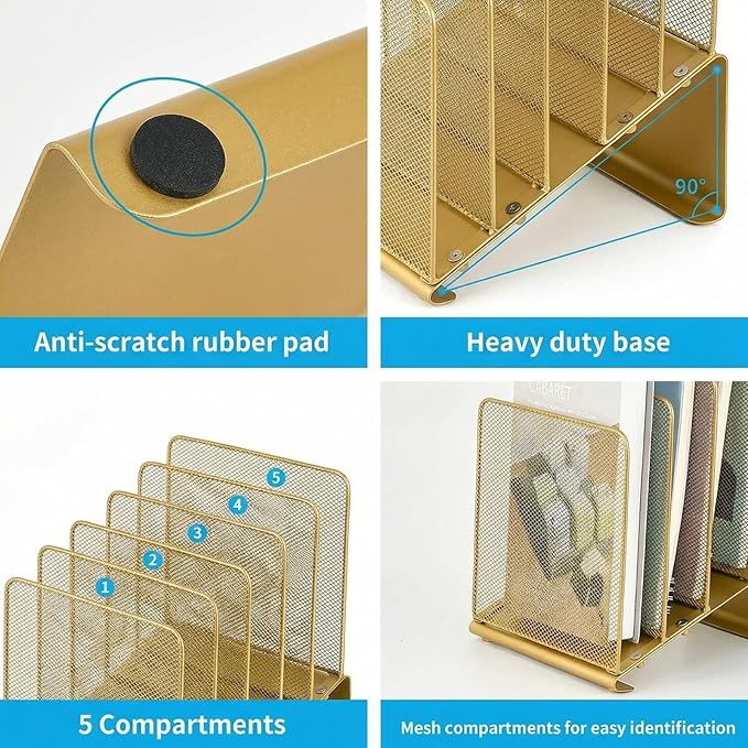 LEKETREE File Organizer for Desk, File Folder Organizer with 5-Section Vertical Rack, Suitable for Home Office Document Organization and Storage(Gold)