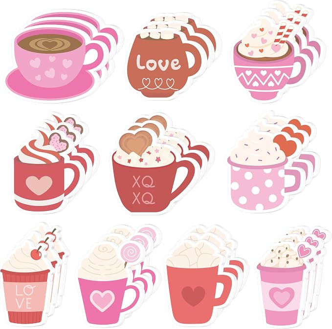 Xqumoi 30 Pack Valentine's Day Coffee Cup Sticky Notes - Heart Self Sticky Notepads Writing Memo Pads for Coffee Lover Gift Wedding Anniversary Office School Supplies Party Favors Goodies Bag Fillers