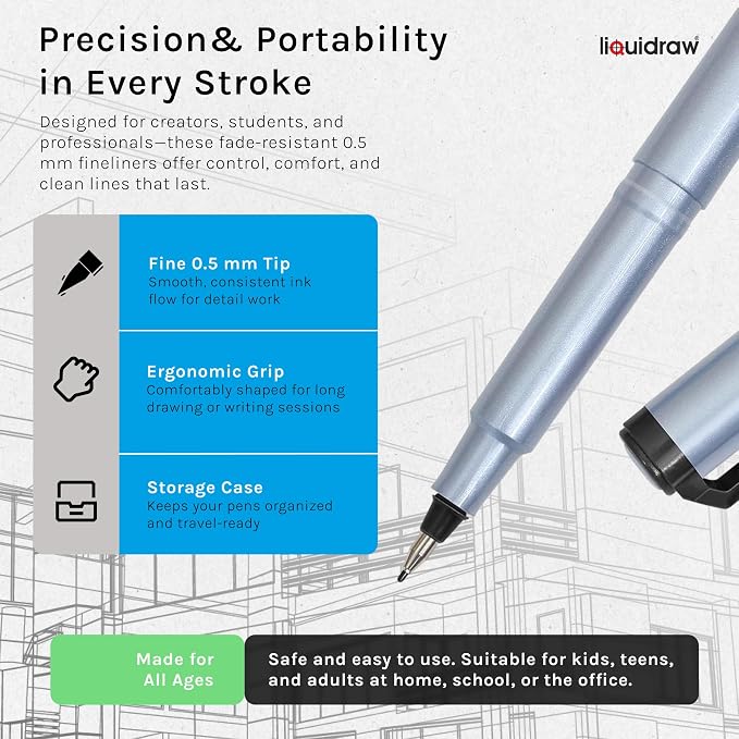 Liquidraw Black Colored Fineliner Pens, Fine 0.5mm Tip, Set of 10