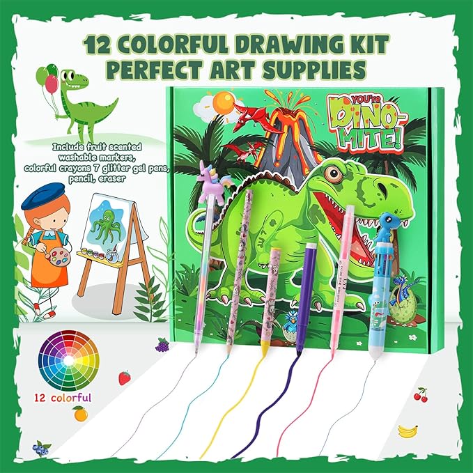 DOKKIA Fruit Scented Coloring Pens Markers Set 65 PCS Art Craft Drawing Case - Washable Kits Pencil,Gel Pen,Crayon&Coloring Book Supplies Dinosaur Dino Green