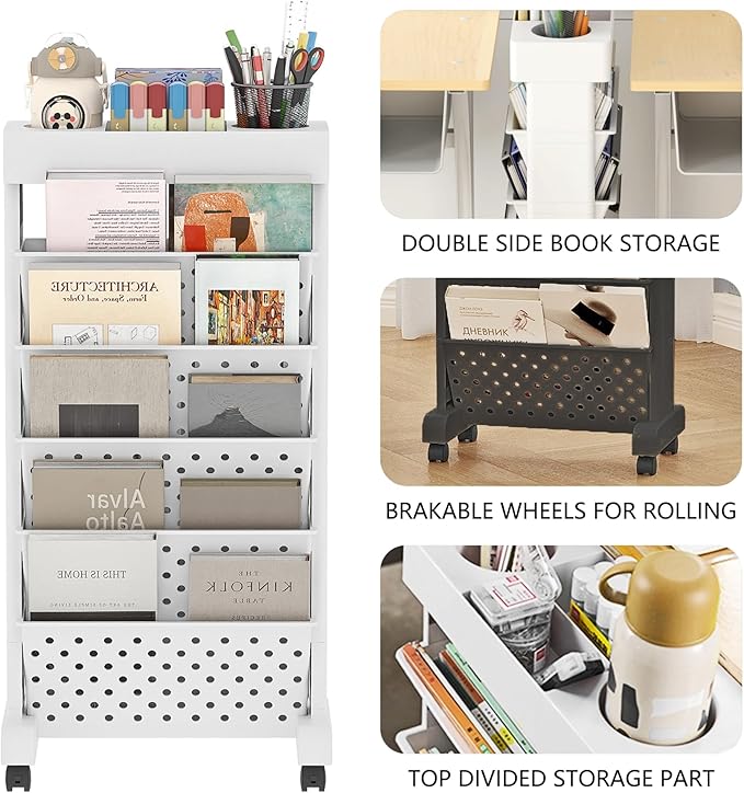 6-Tier Mobile Bookshelf, Rolling Bookcase Book Storage Rack, Movable File Folder Organizer Cart with Wheels for Home Study Office Living Room Classroom, White
