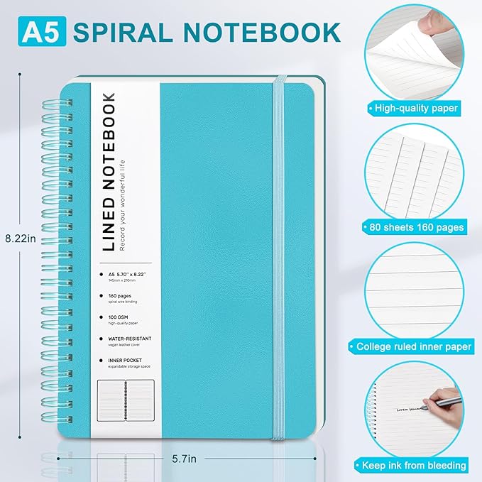 Lined Spiral Journal Notebook with 160 Pages, 8×5.7in, A5 Spiral Notebook, Journaling Notebooks for Work, School, Women, Men, College Ruled Spiral Notebook, Hardcover Leather Journals, Light Blue