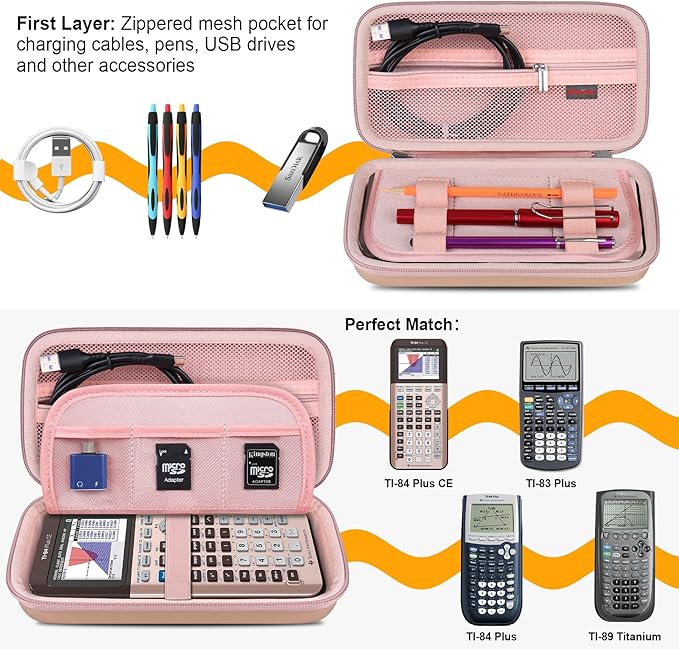 Elonbo Carrying Case for Texas Instruments TI-84 Evo/TI-84 Plus CE Evo Graphing Calculator, Extra Mesh Pocket Fits Charging Cable Charger Manual, Rose Gold