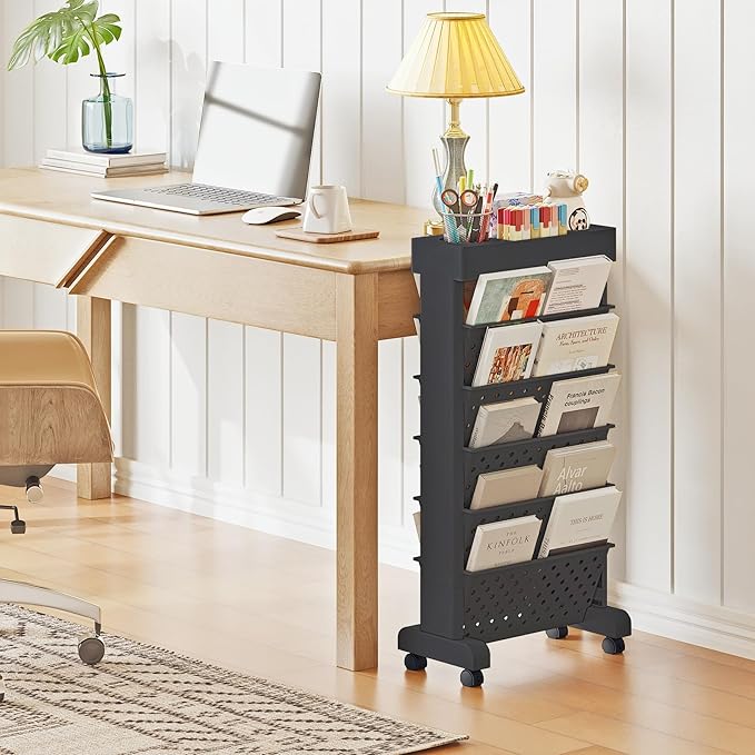 6-Tier Mobile Bookshelf, Rolling Bookcase Book Storage Rack, Movable File Folder Organizer Cart with Wheels for Home Study Office Living Room Classroom, Black