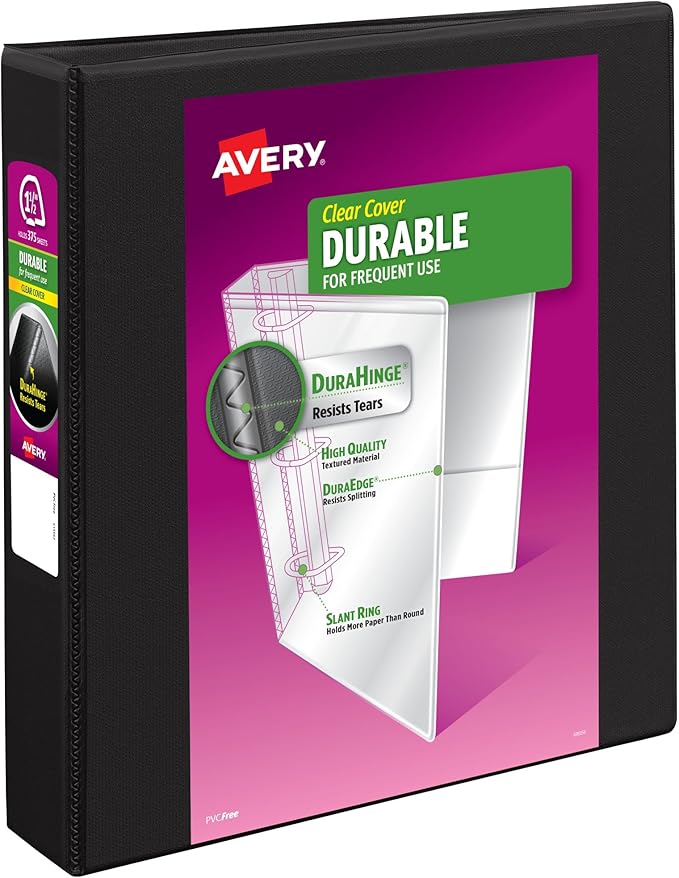 Avery Durable View 3 Ring Binders, 1.5 Inch Slant Rings, 375-Sheet Capacity, DuraHinge, 2.1 Inch Wide Spine, Customizable Clear Covers and Spine, 1 Black Binder (17021)