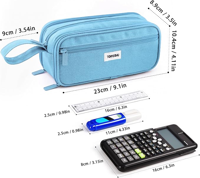 TOPBIDAI Large Pencil Case Pouch for Girls Boy Women Men Adults | Big Capacity Canvas Pencil Bag, Office School Supplies, Multi Compartment Zipper Stationery Pen Box (Sky Blue)