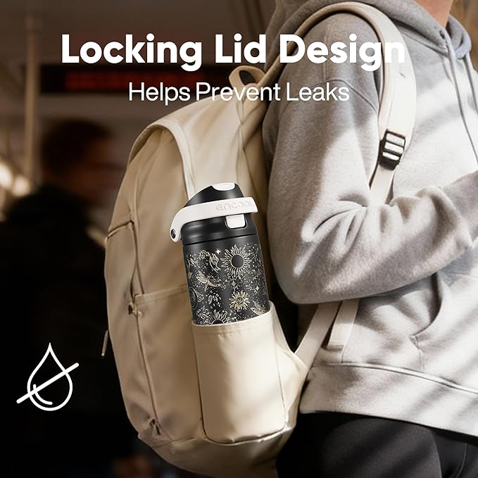 ENCOOL Leakproof Insulated Water Bottle with Straw Dual-Sip Water Bottle Bag-Safe Design for Work, Commute & Gym – Keeps Drinks Cold All Day, 24 oz, Oracle Moth